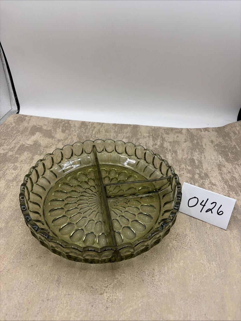 Vintage Imperial Green Glass Relish Dish Thumbprint Pattern, Scalloped Rim 8.5”